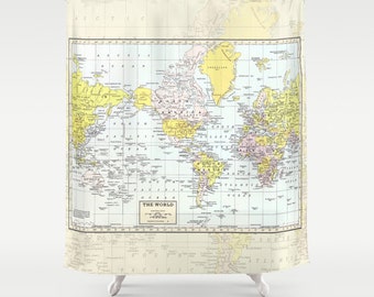 World Map Shower Curtain - Historical , colorful, vintage map - Vintage tones Home Decor - Bathroom - travel, blue, green pastel yellow