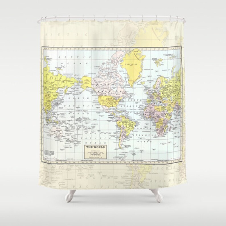 World Map Shower Curtain Historical , colorful, vintage map Vintage tones Home Decor Bathroom travel, blue, green pastel yellow image 1