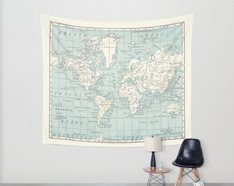 World Map Wall Tapestry  - vintage map, dorm room decor,  Blue and cream beautiful map, travel decor, wall decor, den, bedroom, library