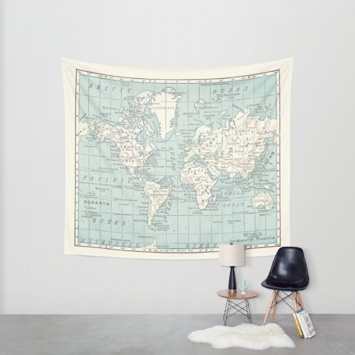 World Map Wall Tapestry Vintage Map Dorm Room Decor Blue and Cream Beautiful Map Travel Decor Wall Decor Den Bedroom Library Etsy