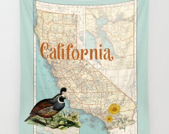 California State map Fleece Blanket throw - cozy, sofa, couch, bed, travel decor, soft,  winter, warm, Quail, poppy, beach blanket