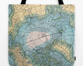 Arctic Map Tote Bag, travel theme tote, blue, yellow green, everything bag, allover print, gift for mom, beach bag, travel bag