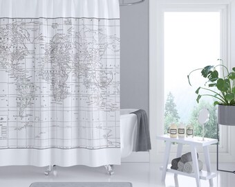 White on White World Map Shower Curtain - Historical, travel decor, minimalist, fabric, crisp, clean