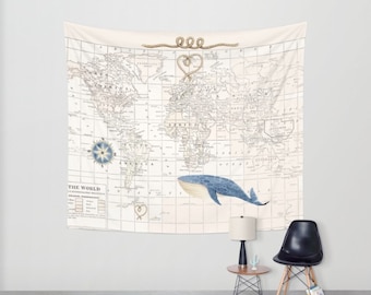 Nautical World Map Tapestry: Vintage Whale Wall Hanging