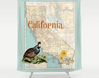California Map Shower Curtain - California Quail, Orange Poppy, aqua- surfer, beach, So Cal, decor, California State Pride