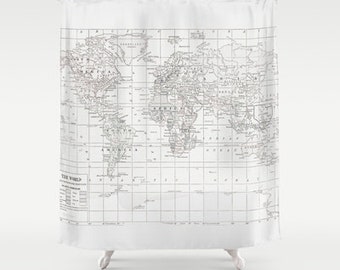 White on White World Map Shower Curtain - Historical, travel decor, minimalist, fabric, crisp, clean