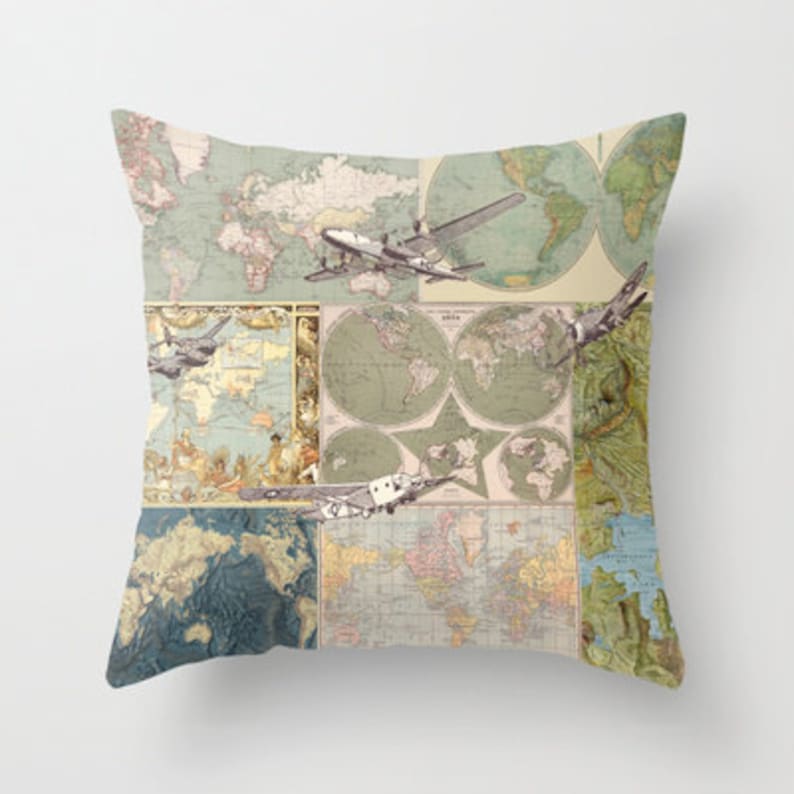 Map Pillow Throw Pillow Maps and Airplaines Travel Decor Etsy