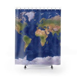 Modern World Map Shower Curtain  Blue World Topographical Map Beautiful Map