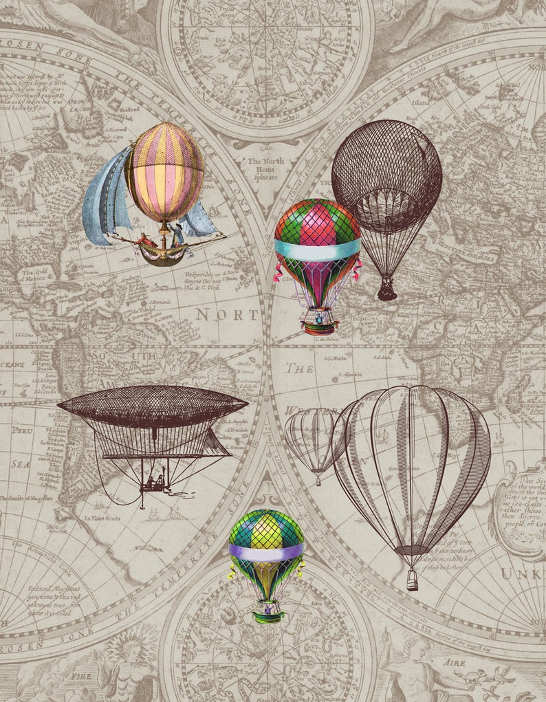 Hot Air Balloon Shower Curtain: Antique Map Steampunk Bathroom Decor image 6