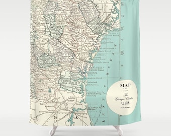 Georgia Coastline Map Shower Curtain -  Atlantic Seaboard travel Home Decor - soft teal Georgia Shore, vintage travel