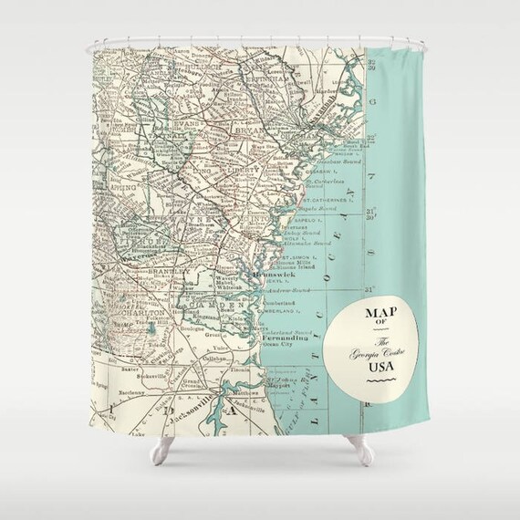 Georgia Coastline Map Shower Curtain Atlantic Seaboard Etsy