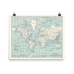 Blue and Cream World Map Matte Print - travel decor, dorm room, office, den