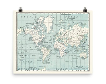 Blue and Cream World Map Matte Print - travel decor, dorm room, office, den