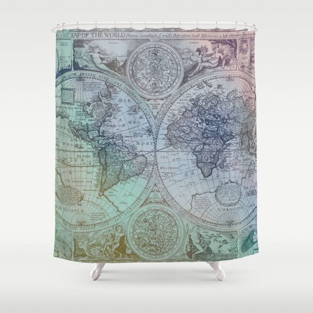 Antique World Map Shower Curtain: Colorful Travel Bathroom Decor - Etsy