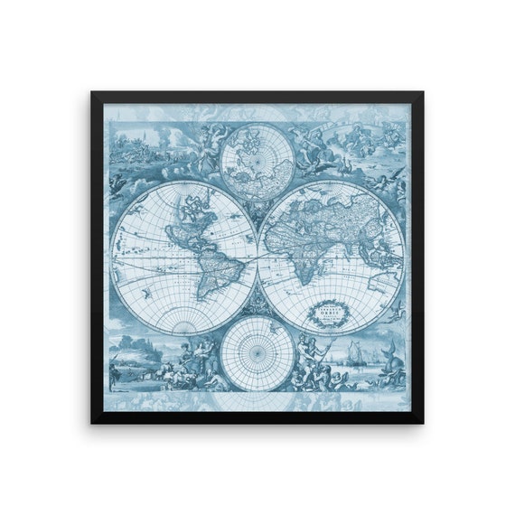 アンティークの世界地図（ブルーフレームプリント） - ウォール