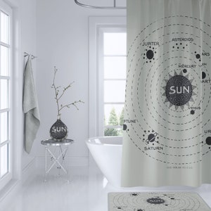 May include: A white shower curtain with a black and white illustration of the solar system. The illustration includes the sun, planets, and asteroids. The text "The Solar System" is printed at the bottom of the curtain.