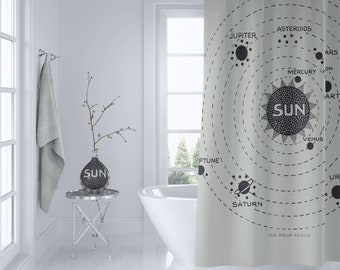 Solar System Map Shower Curtain - Vintage Astronomy, Home Decor - Bathroom - space travel,  beige and black