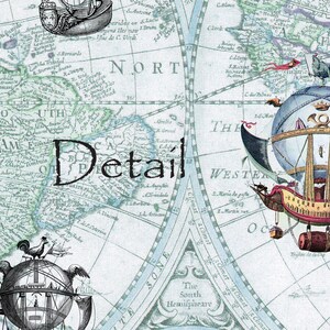 May include: A vintage map with a blue and green color scheme. The map is centered on the Western Hemisphere and includes the text "The South Hemifpheare". Two airships are featured on the map, one with a rooster on top and the other with a crown.