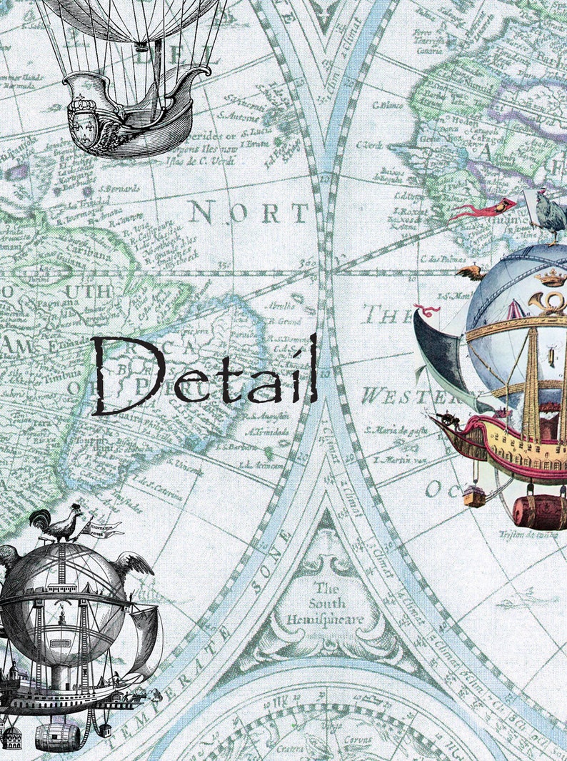 May include: A vintage map with a blue and green color scheme. The map is centered on the Western Hemisphere and includes the text "The South Hemifpheare". Two airships are featured on the map, one with a rooster on top and the other with a crown.