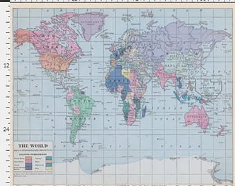 Fabric Yardage - Vintage Map of the World Fabric - Crafting and Sewing Supplies