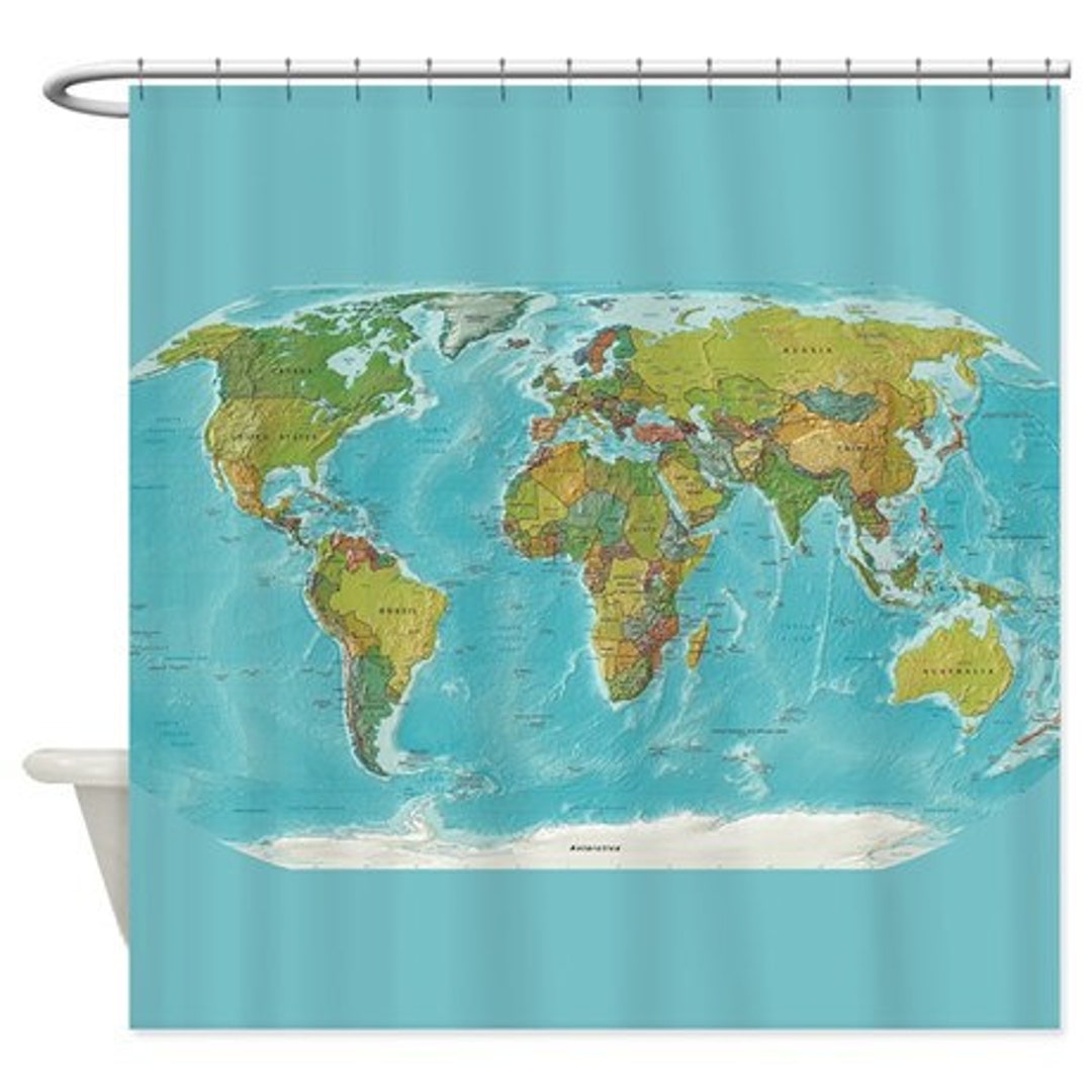 World Map Shower Curtain Modern Geography, Colorful, Topographic Travel