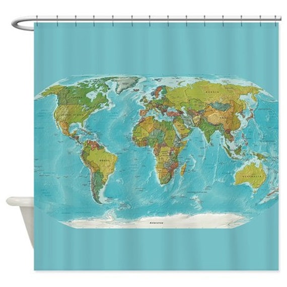 World Map Shower Curtain Modern Geography Colorful Etsy