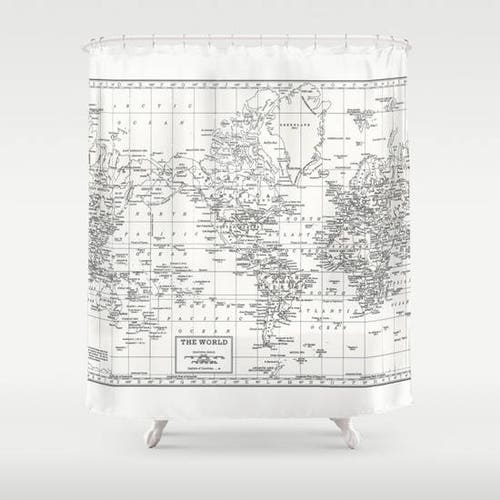 White on White World Map Shower Curtain Historical Travel Etsy