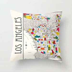 Los Angeles Throw Pillow - Street Map - retro - colorful , Hollywood, Beverly Hills,  decor, travel,  den, dorm, bedroom