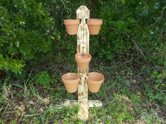 Wooden Plant Stand For Clay Pots   Freestanding For  4, 6 or 8 Pots Natural or Burnt Finish