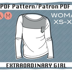 May include: A white long-sleeve shirt with a gray panel across the shoulders and a pocket on the left side. The shirt is a PDF pattern for sizes XS-XXL. The text "PDF Pattern/Patron PDF" is at the top of the image. The text "FAM" is in three circles to the left of the shirt. The text "WOMAN XS-XXL" is to the right of the shirt. The text "EXTRAORDINARY GIRL" is at the bottom of the image.