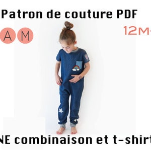 May include: A PDF sewing pattern for a jumpsuit and t-shirt for children, sizes 12 months to 14 years. The pattern is illustrated with a child wearing a blue denim jumpsuit with a rainbow patch and a white star on the leg. The pattern is available for download.