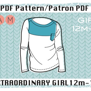May include: PDF pattern for a long-sleeved shirt with a blue yoke and a pocket. The pattern is for girls sizes 12 months to 14 years. The text "PDF Pattern/Patron PDF" is at the top of the image. The text "GIRL 12M-14" is in the upper right corner of the image. The text "EXTRAORDINARY GIRL 12m-14" is at the bottom of the image.