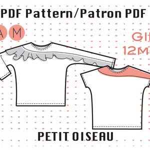 May include: PDF pattern for a girl's shirt with a ruffle neckline. The pattern is for sizes 12 months to 14 years. The pattern is from the brand "Petit Oiseau".