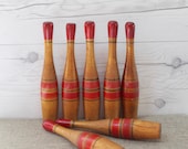 Vintage Wood Bowling Pin Set, Vintage Set of 7 Striped Wooden Bowling Pins, Vintage Wooden Skittles Game