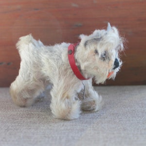 Vintage Small Stuffed Steiff Mohair Schnauzer Dog with Red Leather Collar, Vintage German Steiff Stuffed Dog