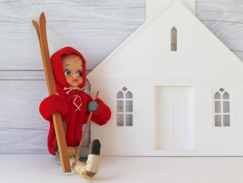 Vintage Large Red Girl Elf on Skis Vintage Injured Skier Elf Figure Vintage Felt Elf on Skis Shelf Sitter