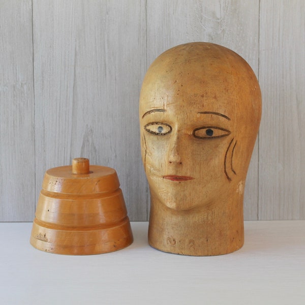 Vintage Unique Millinery Wood Block Head Form with Carved/Painted Face and Stand, Vintage Wooden Milliner's Hat Form/Block, Millinery