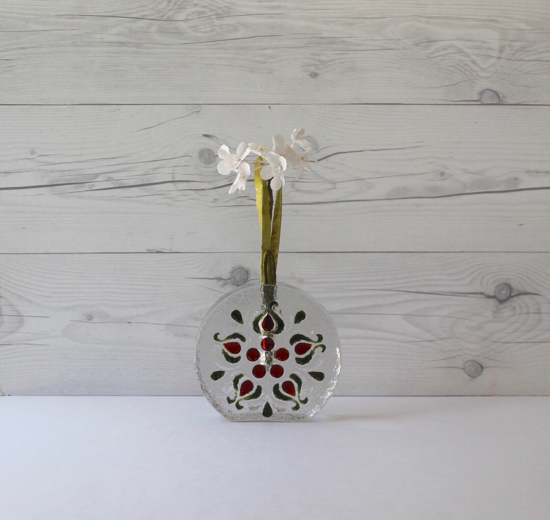 Vintage Glass Block Bubble Vase With Painted Floral Design, Vintage