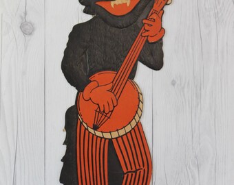 Vintage Large H.E. Luhrs/Beistle Embossed Paper Die Cut Halloween Black Cat Wall Hanging, Vintage Halloween Die Cut Decoration