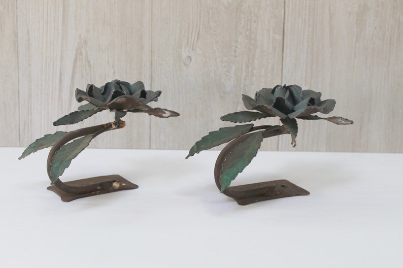Vintage Pair of Metal Rose Curtain Hold Backs Vintage Curtain Tie Backs Vintage Metal Flower Drapery Hold Backs