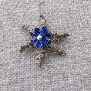 Vintage Silver Wire Tinsel with Blue Foil Embellishment Christmas Tree Ornament, Antique Tinsel Wire Ornament
