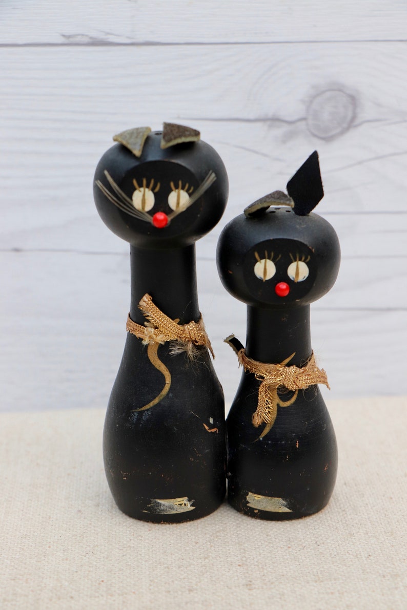 Vintage Wood Enesco Black Cat Salt and Pepper Shaker Set Etsy