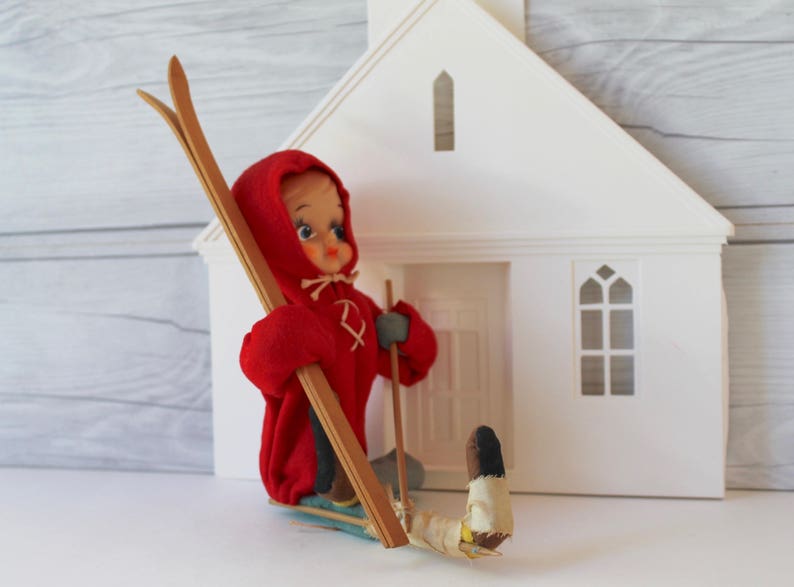Vintage Large Red Girl Elf on Skis Vintage Injured Skier Elf Figure Vintage Felt Elf on Skis Shelf Sitter