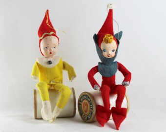 Vintage Pair of Pixie Ornaments, Vintage Christmas Elf Ornaments, Vintage Holiday Decor