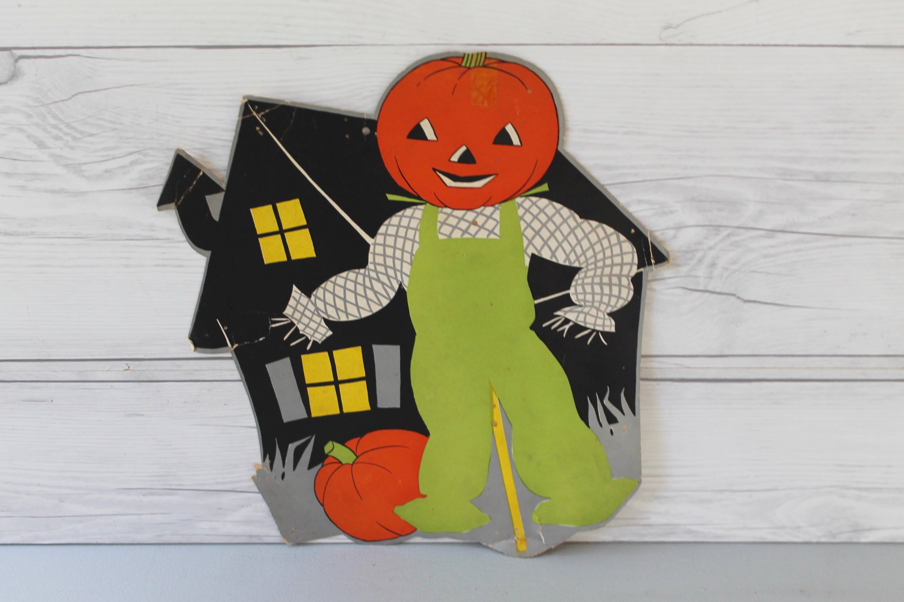 Vintage RARE Paper Die Cut Halloween Pumpkin Head Scarecrow Wall ...