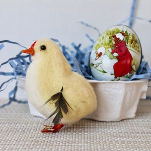 Vintage Small Spun Cotton Easter Chick and Metal Easter Egg in Egg Carton, Vintage Chick and Tin Lithograph Easter Egg, Vintage Easter