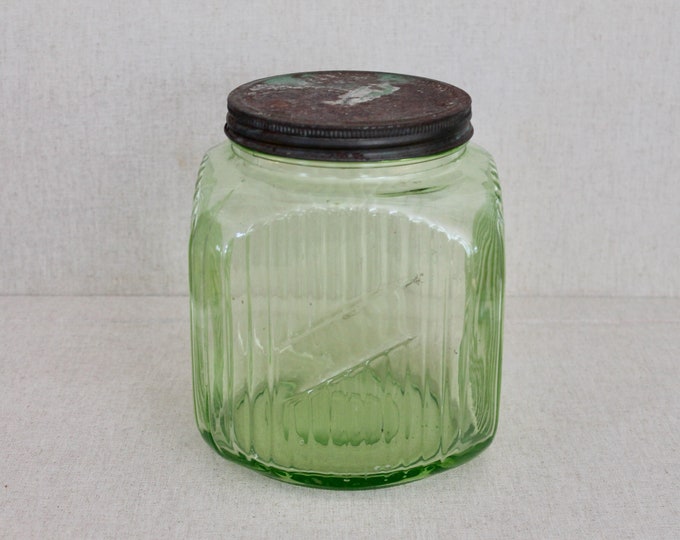 Vintage Rare Square Green Glass Jar With Metal Screw on Cover, Vintage ...