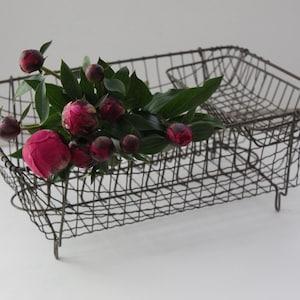 May include: A rectangular, wire basket with four small feet, holding a bouquet of pink peonies and green leaves. The basket has a dark, aged appearance, and the flowers are in full bloom. The arrangement is set against a white background.
