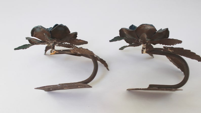 Vintage Pair of Metal Rose Curtain Hold Backs Vintage Curtain Tie Backs Vintage Metal Flower Drapery Hold Backs