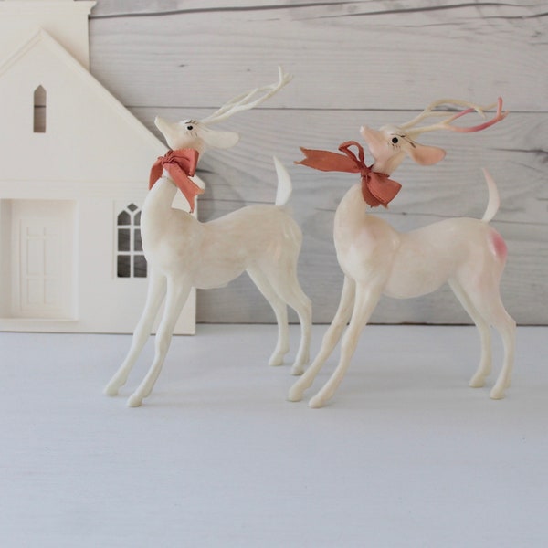 Mid Century Pair of Small White Rubbery Plastic Reindeer Figures, Vintage Christmas Reindeer